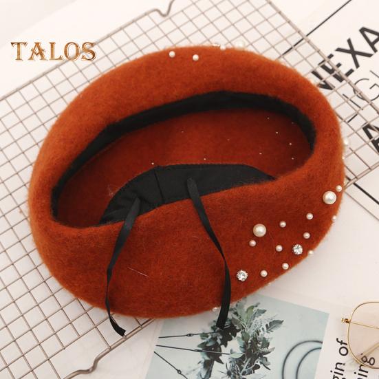 Women Beret Faux Pearl Rhinestone Decor Vintage English Style Woolen Hat No Brim Solid Color Adjustable Straps Pumpkin Cap
