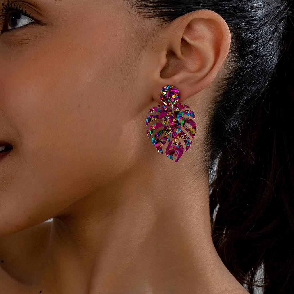 Sequins Acrylic Colorful Monstera Leaf Drop Earrings for Women Exaggerated Tropical Leaves Plant Earrings Fashion Jewelry Gifts