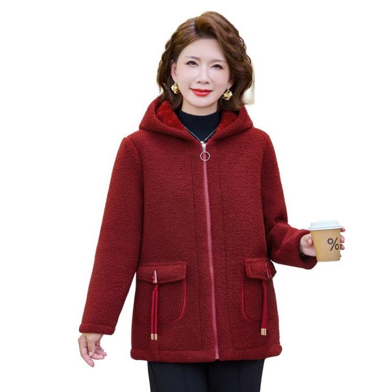 Winter New Middle-aged and Old Velvet Warm Cotton-padded Clothes, Thickened Granular Hooded Cotton-padded Jackets, Women's Jackets