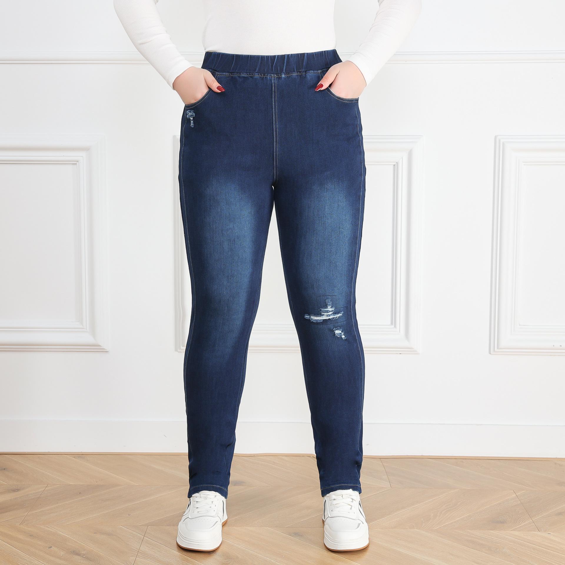 

Синие рваные джинсы скинни большого размера с высокой посадкой - Женские повседневные брюки Осень 2023 4XL