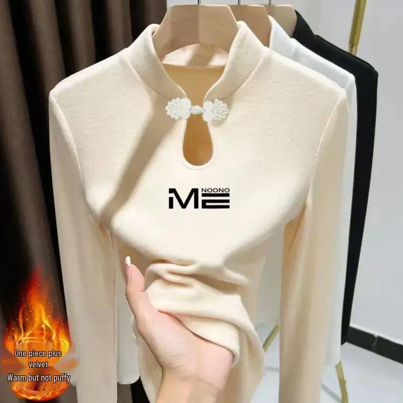 

Women s Autumn/Winter Frog Button Stand Collar Long Sleeve T-shirt with Water Drop Print M - 80-100 lbs
