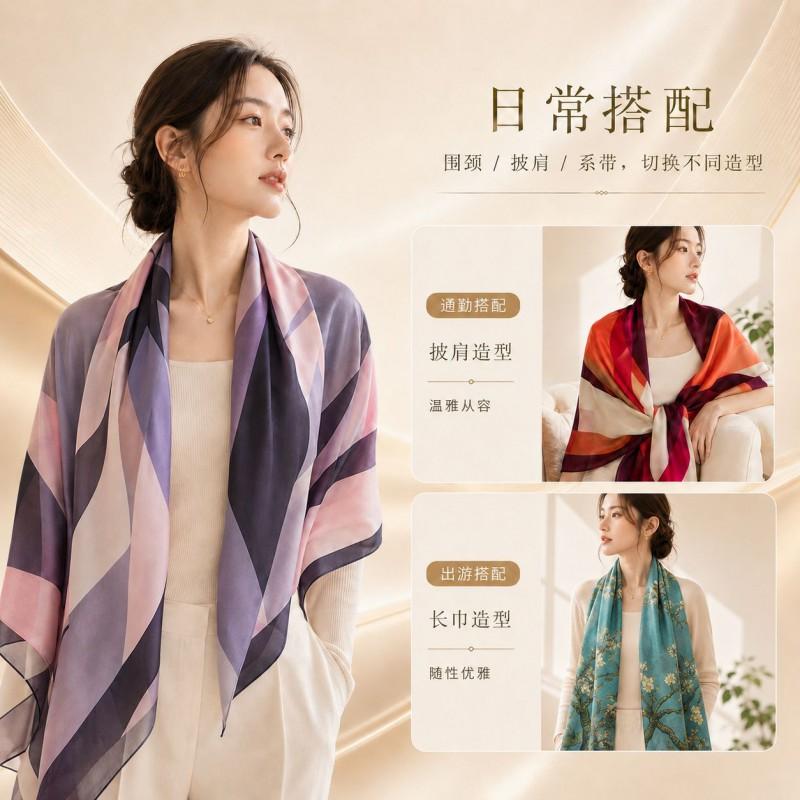 Silk Scarf 100% Mulberry French Style New Chinese Sunscreen Shawl