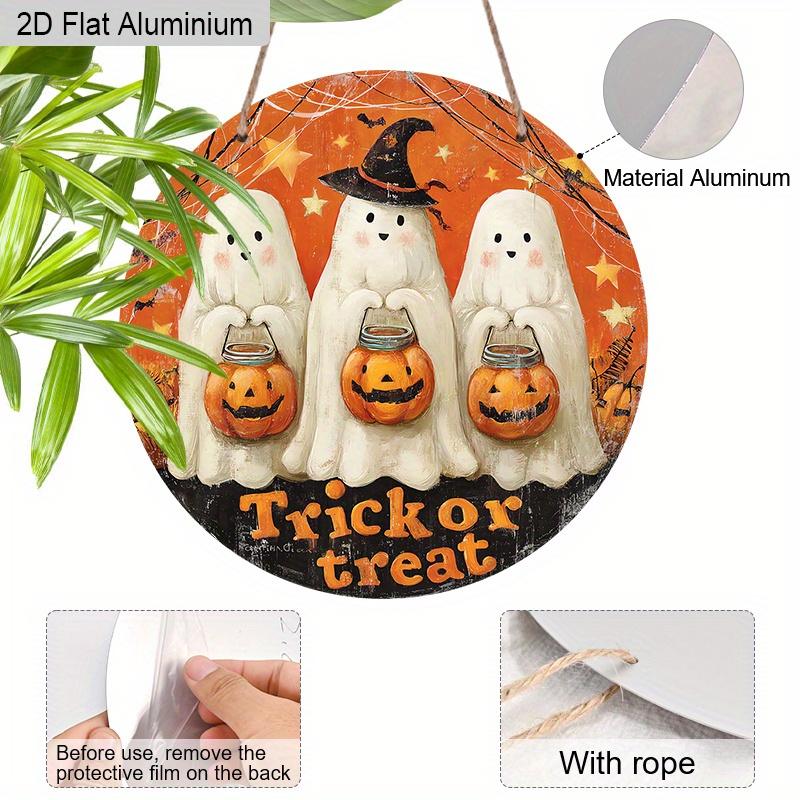 2D Flat Aluminium Halloween Sign with Adorable Ghosts Pattern - Trick or Treat Figurine Ornaments - Ideal for Front Door, Wall, Porch, Window Decor