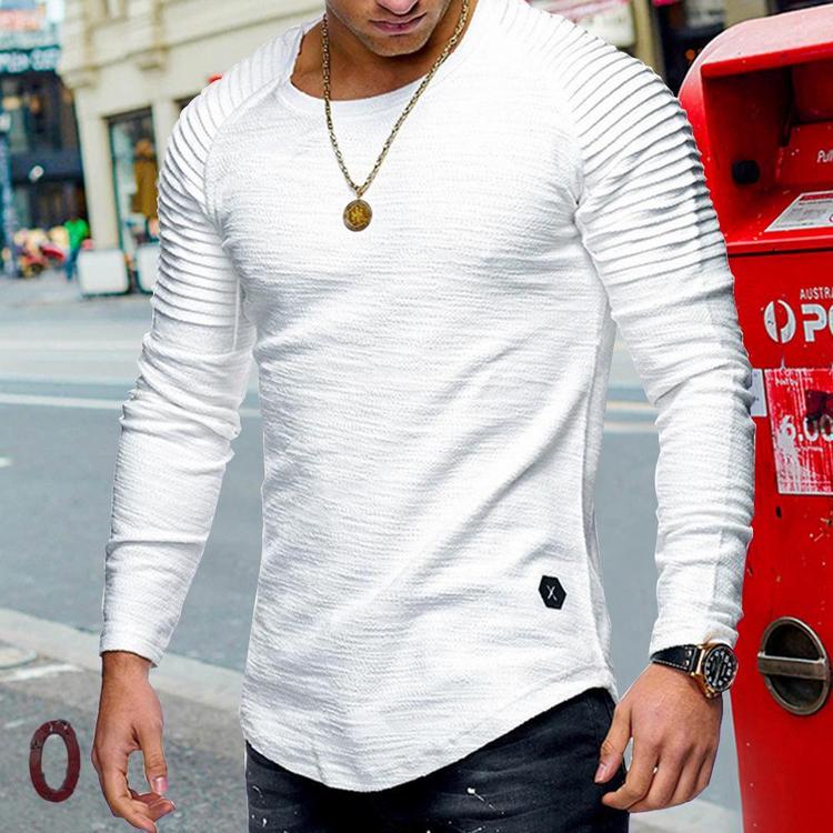 Men Round Neck Pullover T-shirt Casual Tops Spring Autumn Solid Color Fold Slim Fashion Blouse