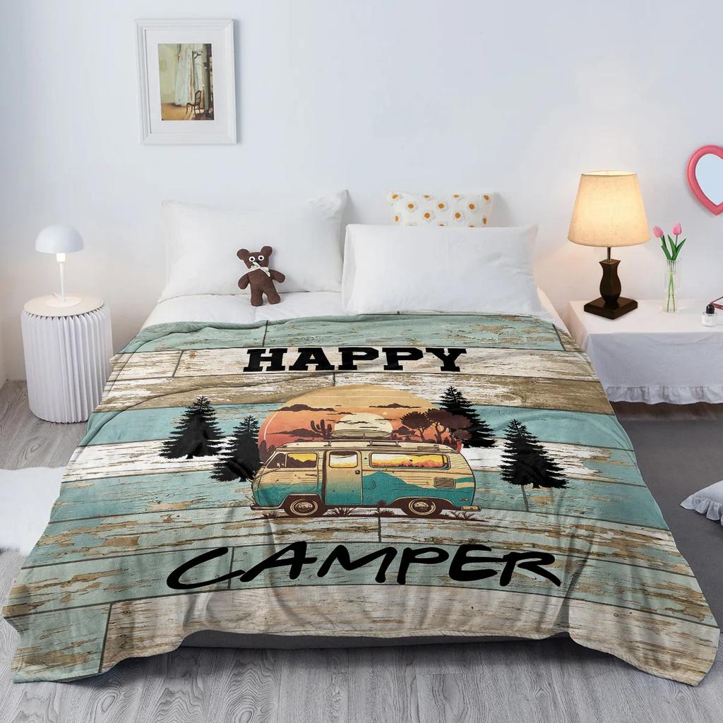 Holzmaserung glücklich Camping Bus Muster Tagesdecke weiche gemütliche Fleece Flanelldecke für Couch Schlafsofa