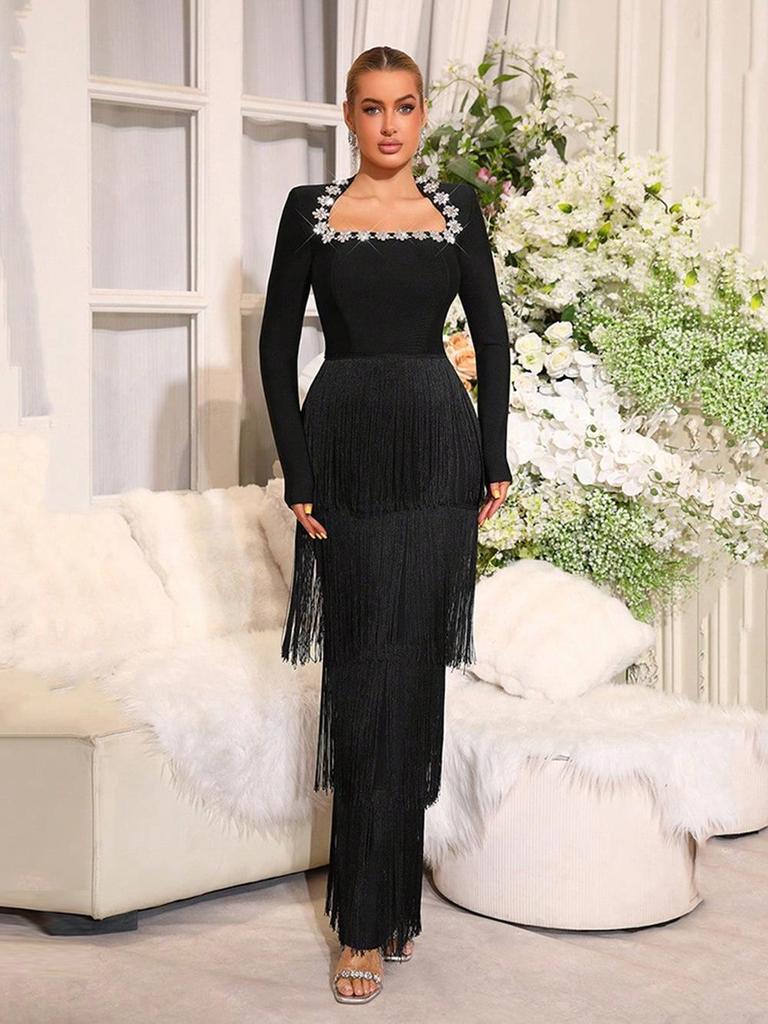 European & American Tassel Long Sleeve Bandage Evening Dress