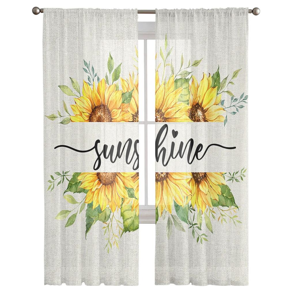 Aquarell-Blumen-Sonnenblumen-Bienen-Fenster-Tüllvorhänge für Wohnzimmer, Küche, moderne Fensterbehandlungen, Voile-Vorhänge