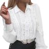 Camisa de Manga Comprida com Recortes Top Feminino de Botão Único Blusa com Patchwork de Renda para o Escritório