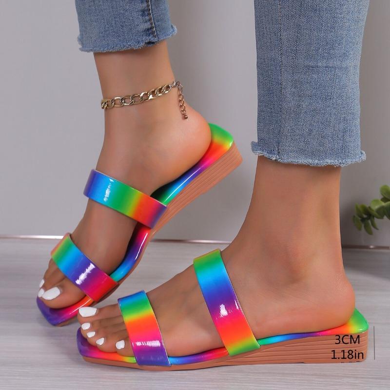 Fashion 2025 Fashion Women's Flat Slippers Summer New Square Head Rainbow Open-toe Soft Sole Anti-slip Wear-resistant Low Heel Shoes