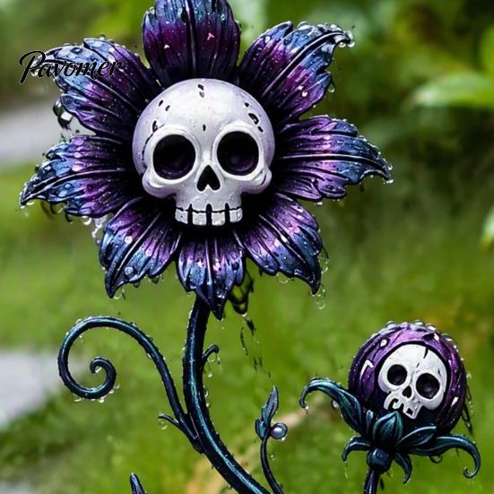 Scary Garden Ornaments Halloween Stake, Waterproof Spooky Skull Flower Lawn Art, 2D Creepy Decorative Haunted House Supplies Metal Plant Stake