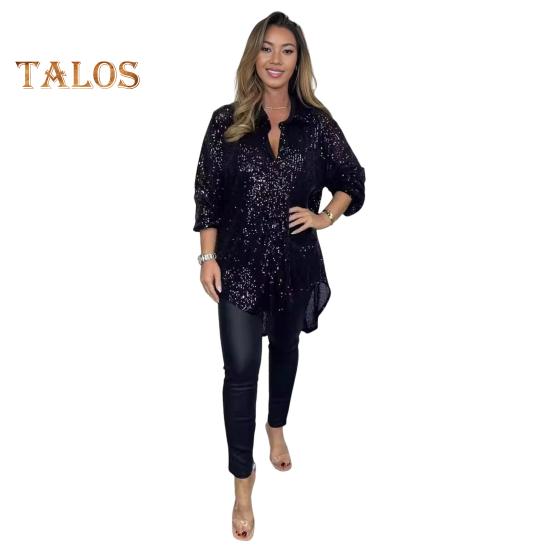 

Женская рубашка с отворотом, рукавом до локтя, однобортная рубашка свободного кроя, топы с блестками, повседневная рубашка средней длины S чёрный