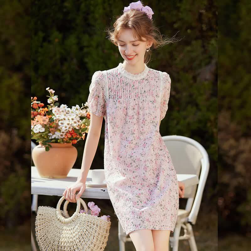 

Bailuyu Women s Floral Embroidered Bubble Sleeve Mini Dress L