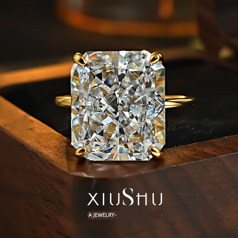 

Flash 12ct Redean Ice Crushing Cut Long Square Ring 925 Silver Fire Color High Carbon Diamond Simple European and American Style Artificial Diamond GOLD 5 Us Numbers