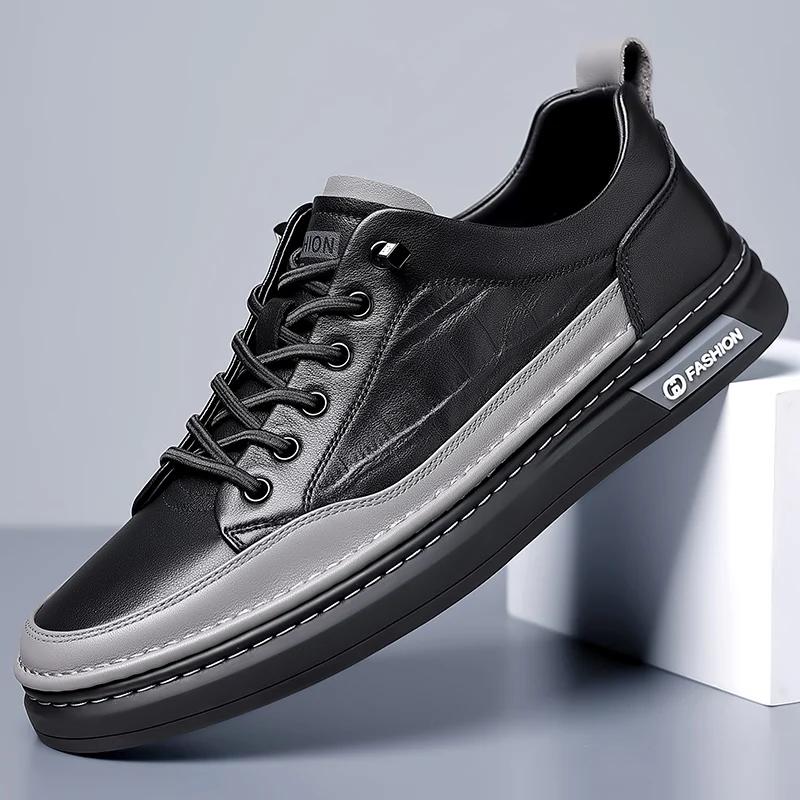Fashion High Quality Men Casual Leather Shoes Stylish Comfy Flat Designer Shoes Brand Male Vulcanized Shoe Antiskid Outdoor Driving Shoe