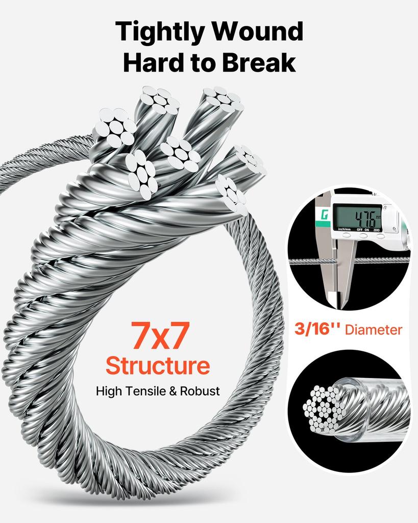 4.76 mm Wire Rope Kit, 61 m Length, 304 Stainless Steel Wire Cable, 7.1 kN Breaking Strength, 7 x 7 Strands Construction, Steel Cable for Deck Railing