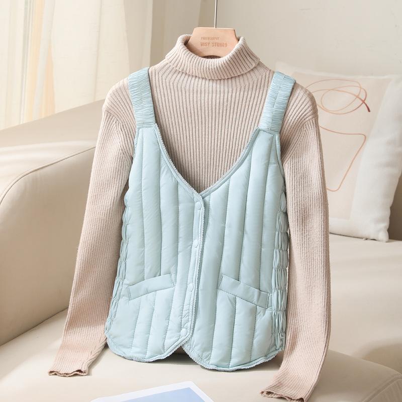 

Жилет женский короткий пуховый хлопковый осенне-зимний новый жилет облегающий на бретелях утолщенный приталенный теплый жилет XXL122-65 kg небесно-голубой