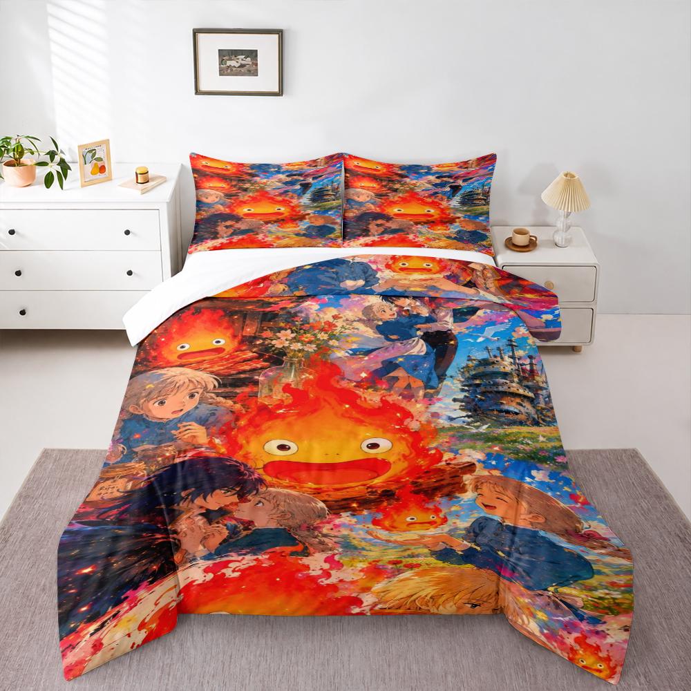 3 Piece Bedding Set with Duvet Cover and 2 Pillowcases - Howls Moving Castle Calcifer Anime Collage - Decor
