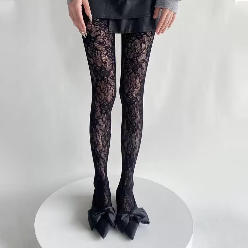 Retro Floral Jacquard Fishnet Stockings, Y2K Black Anti-Snag Stockings for Women