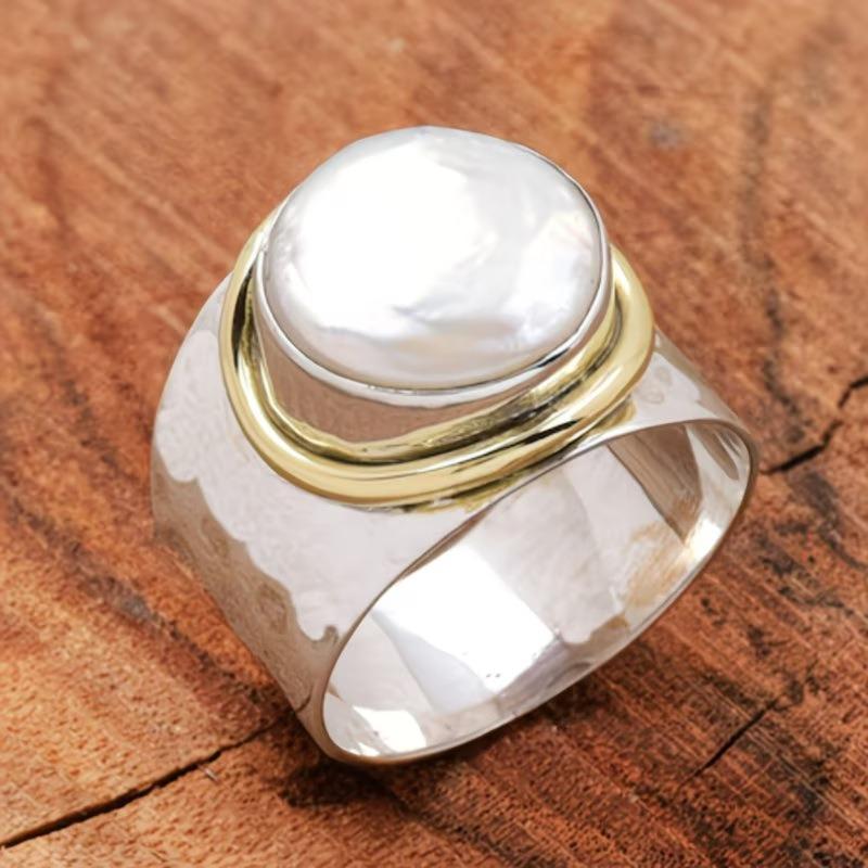European and American classic silver inlaid imitation pearl wide surface high sense simple niche finger