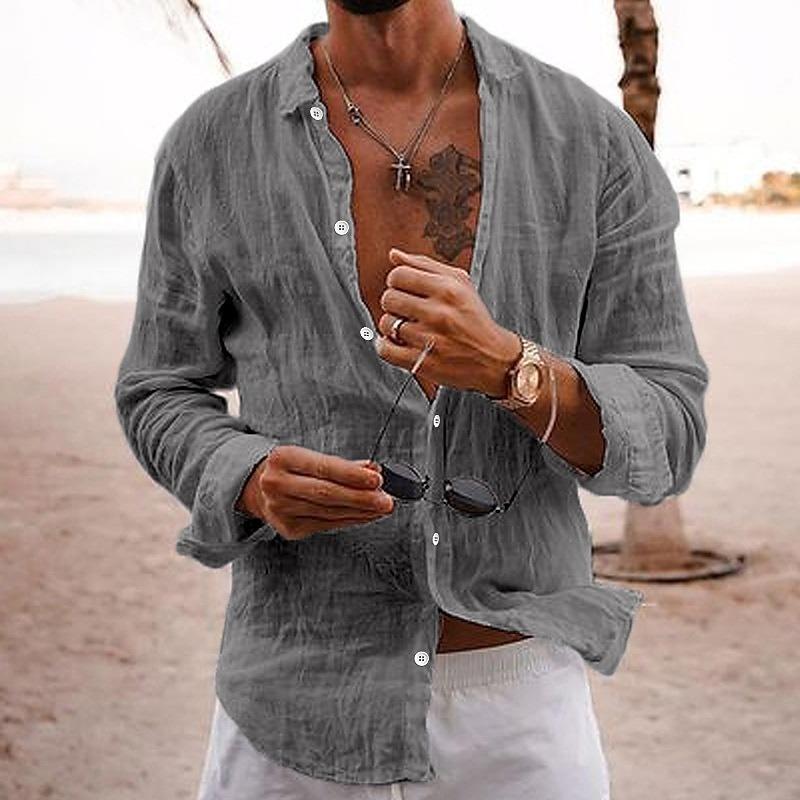 Men Lapel Full Open Long Sleeve Linen Shirt Crinkled Texture Loose Fit Casual Beach Vacation Daily Top