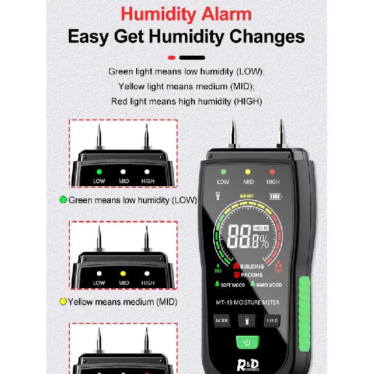 R&D MT19C Wood Moisture Meter Wall Water Tester Digital Humidity Meter Two Pins Hygrometer Concrete Cement Brick Detector