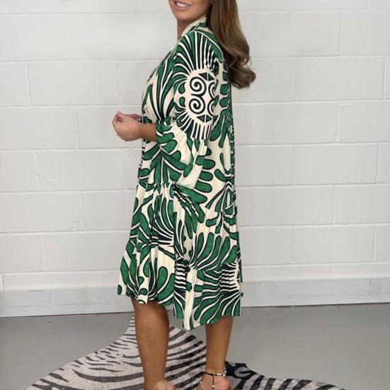 Herbst-/Sommerkleid, V-Ausschnitt, A-Linie, lockerer, farblich passender Druck, Dreiviertelärmel, halblang, einreihig, knielang, hohe Taille, Midikleid