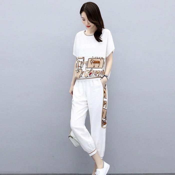 

Летний модный повседневный комплект из двух предметов для женщин больших размеров с короткими рукавами 2024 M белый