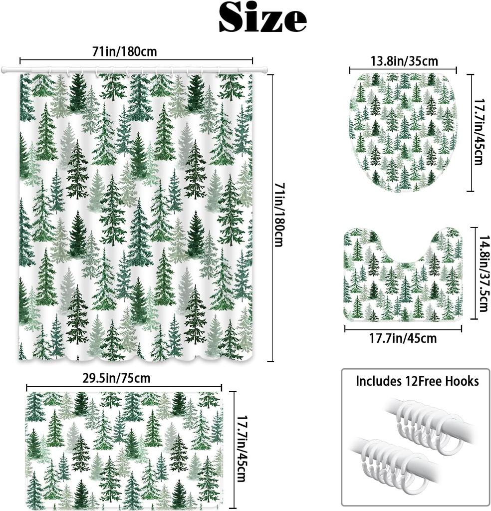 4Pcs Bathroom Shower Curtain Set Christmas tree Bathroom Curtain With 12 Hooks Non Slip Rugs Toilet Cover Mat Bathroom Partition
