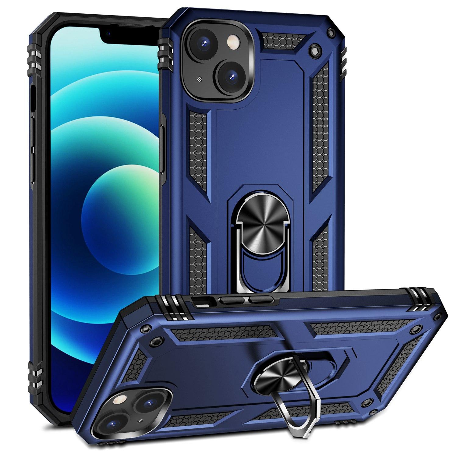 

For iPhone 15 Anti-Scratch PC+TPU Cover Kickstand Phone Case with Built-in Magnetic Holder Metal Sheet Blue