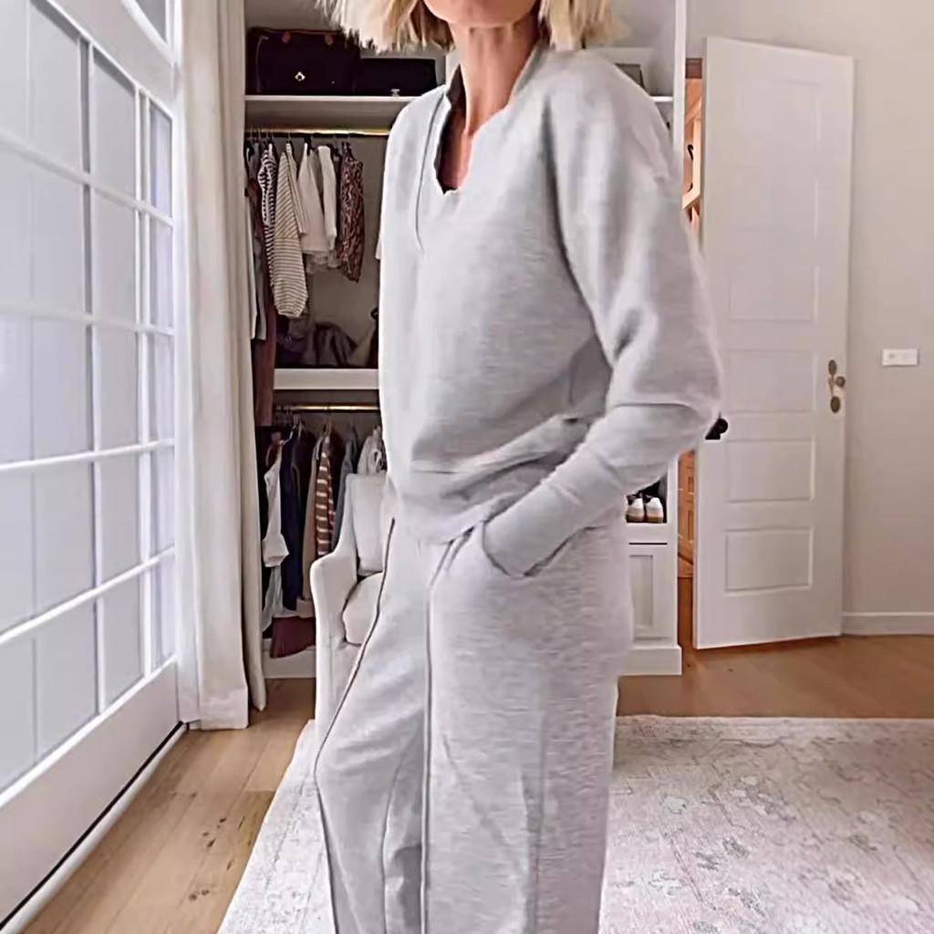 Relaxed Women Sweater And Wide Leg Pants Set With Ribbed Detail For Casual Fall Wear