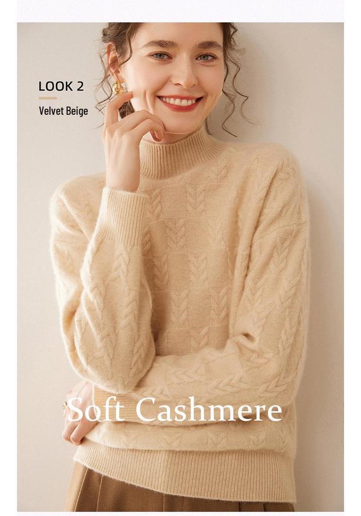 2024 Autumn/Winter Cashmere Sweater: Ladies' Half-High Neck, Wheat Ear Jacquard, Korean-Style Loose Slimming Knitwear