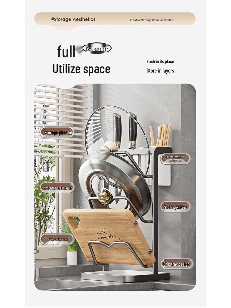 Wall-Mounted Multi-Functional Storage Rack: Cutting Board, Lid, Knife, Spoon, Chopstick Holder - No-Drill Installation.