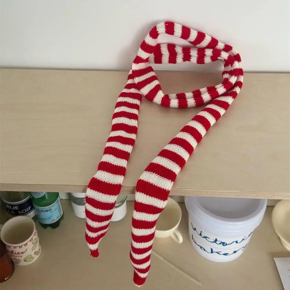 

HOT Striped Knitted Scarf Women s Thin And Narrow Long Scarf Korean Harajuku Cotton Warm Scarves Y2K Girl Decorative Neckerchief червоний