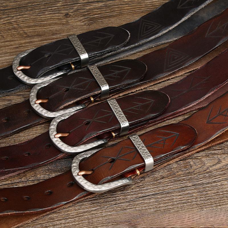 Belt Men's Retro Distressed Carved Top Layer Cowhide Leather Hammered Steel Buckle Korean Style Trendy Jeans Belt