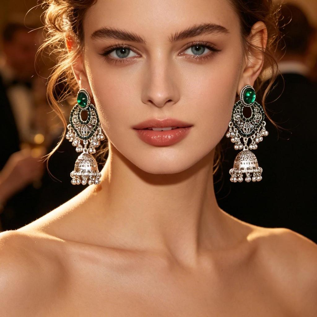 Bohemian Style Indian Ethnic Earrings Set with Rhinestones, Beads, and Bells