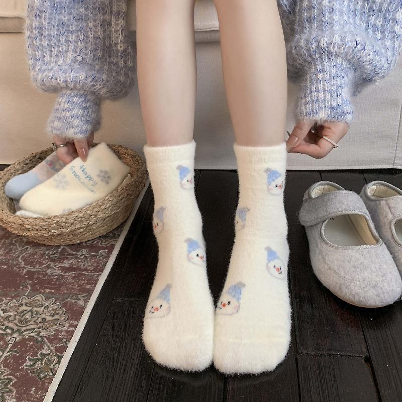 Australian Wool Children's Winter Plush Thick and Warm Mid-calf Socks, Cute Cartoon Snowman Sleep Socks, Home Floor Socks
