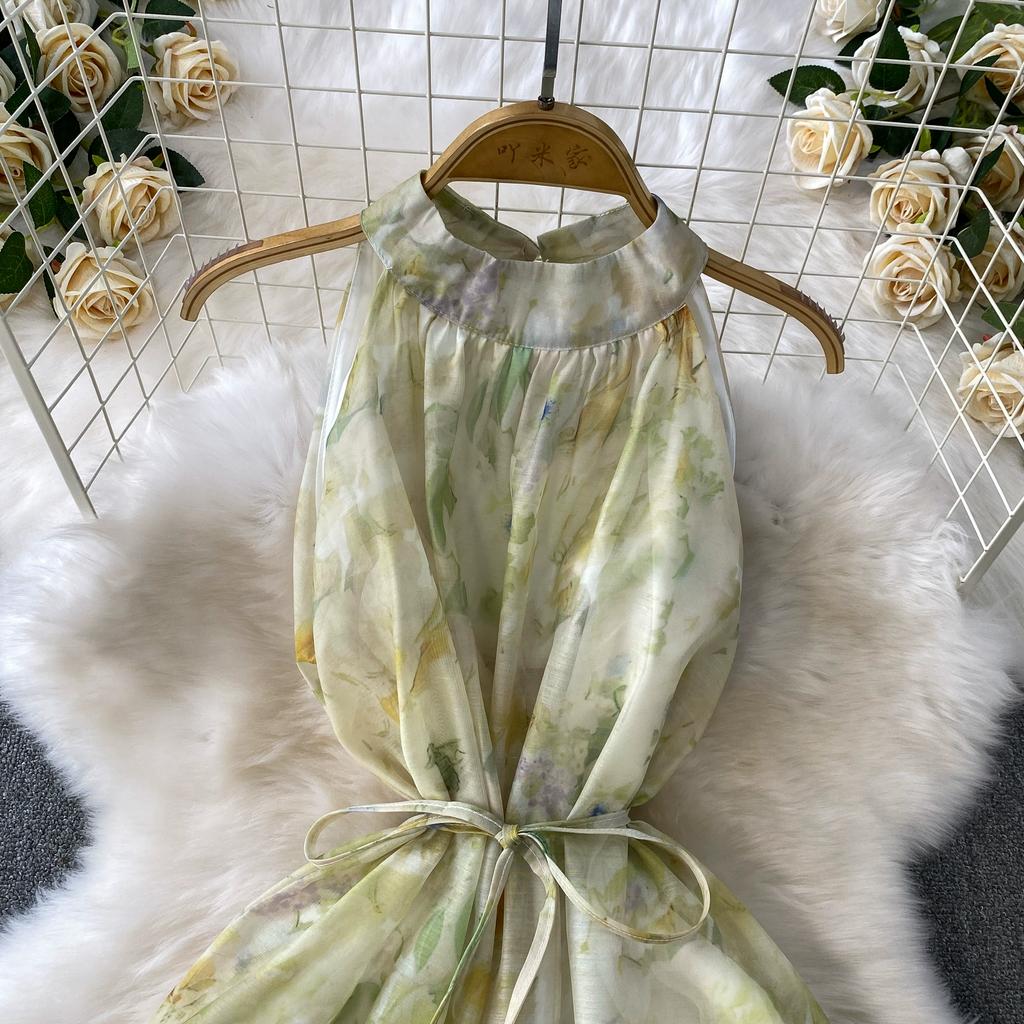 Summer Women Print Sleeveless Long Midi Oversize Loose Holiday Seaside Lace-up Dresses