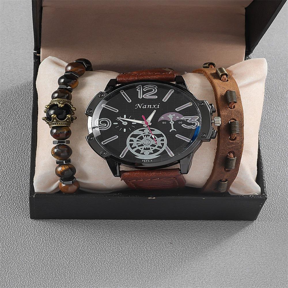 

Мужские часы, деловой механический зонтик, поддельные три глаза, комплект кварцевых часов + универсальные бусины с двойной короной + кожаная веревка