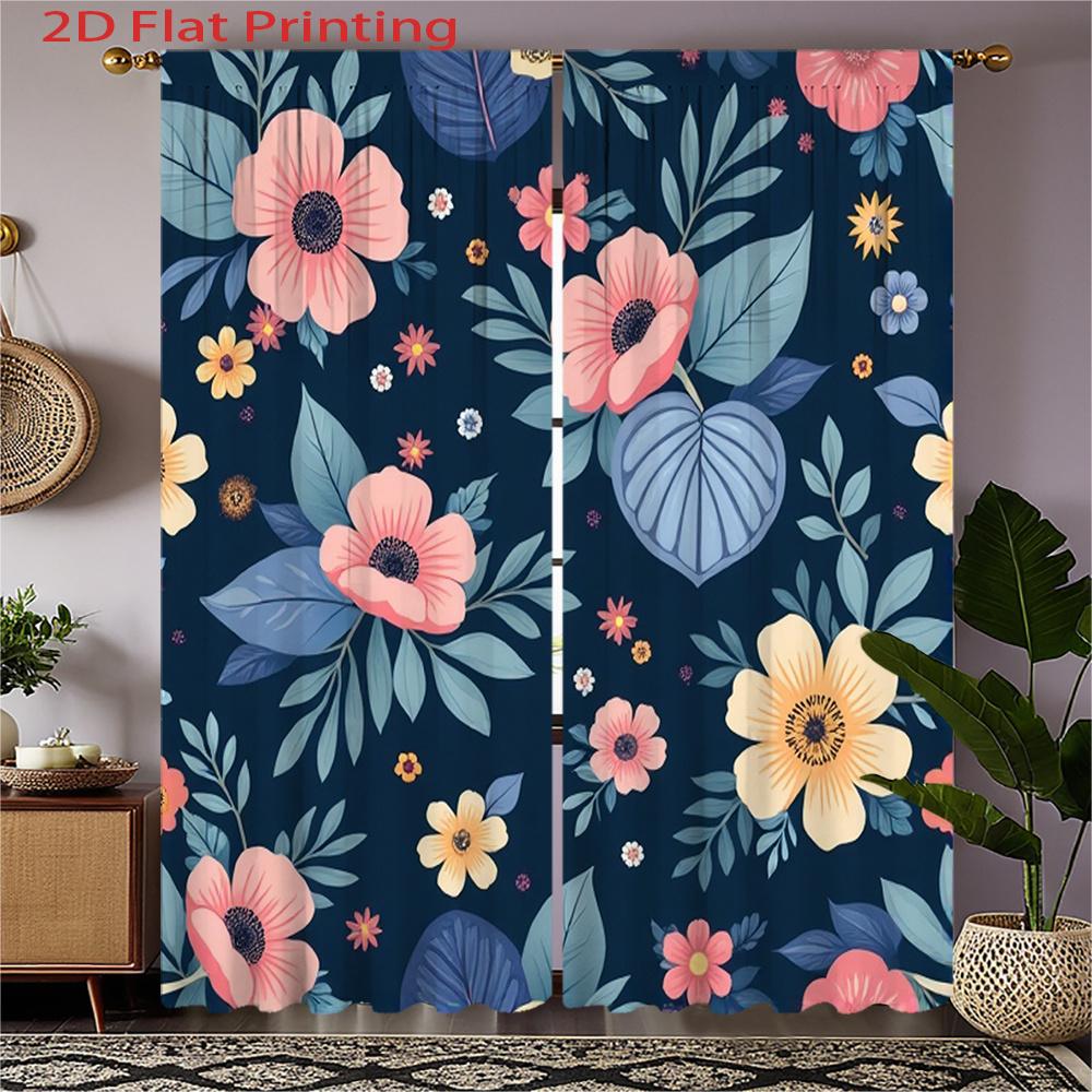 

2D Flat 2pcs 2D Flat Printing Floral Print Curtains with Dark Blue Background Pink Yellow Flowers and Green Leaves - Velvet Fa 100*130 HOOK 1pcs