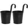 2 PCS Removable Hook Black Tin Flower Bucket, Metal Iron Hanging Flower Plant Pots,Retro Black(6.5inch,Length with Hook) for Windows Wall Fence and