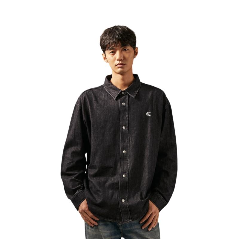 Calvin Klein Vintage Classic Cotton Letter Solid Color Polo Button Loose Denim Long Sleeve Shirt Men shirts Black J327342