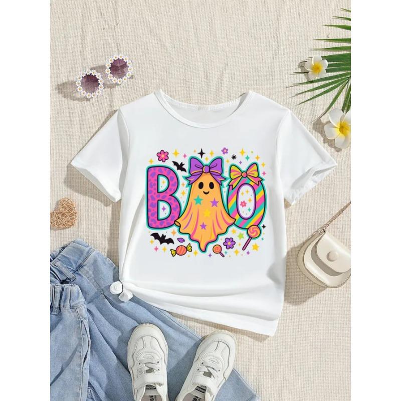 European sizes Halloween Colorful Bubble Gum Bat Flower Star Print T-Shirt for Girls, a Perfect Gift, Short-Sleeve Shirt for Toddlers 110 белый