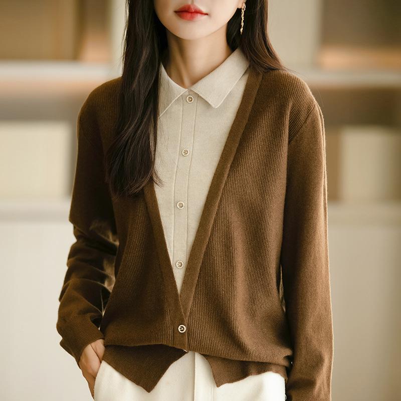 

POLO воротник трикотаж осень и зима женщины ниша французский свободный короткий длинный рукав топы M коричневый