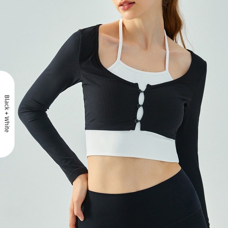 Export Semi-Fixed Cup Halterneck Fake Two-Piece Yoga Clothes Women's Long Sleeve Short Breathable Workout Clothes Sports Tops Spring & Fall
