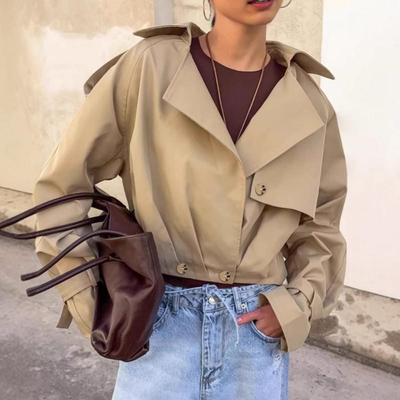 Womens Casual Workwear Style Blazer Jacket Loose Short Suit Collar Double Breasted Solid Color