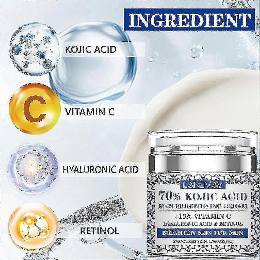 70% Kojic Acid Men's Brightening Cream with Vitamin C, Hyaluronic Acid & Retinol Skin Lightening, Hydration & Anti-Aging, 50G Non-Greasy Formula for