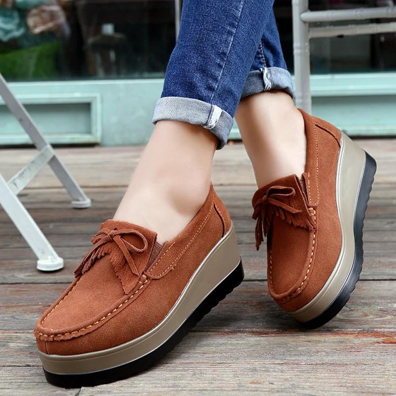 Fashion Spring and Autumn New Women's Shoes 2025 Tassel Butterfly Knot Suede Women's Shoes Fashion Thick Bottom Slope Follow Up Shoes