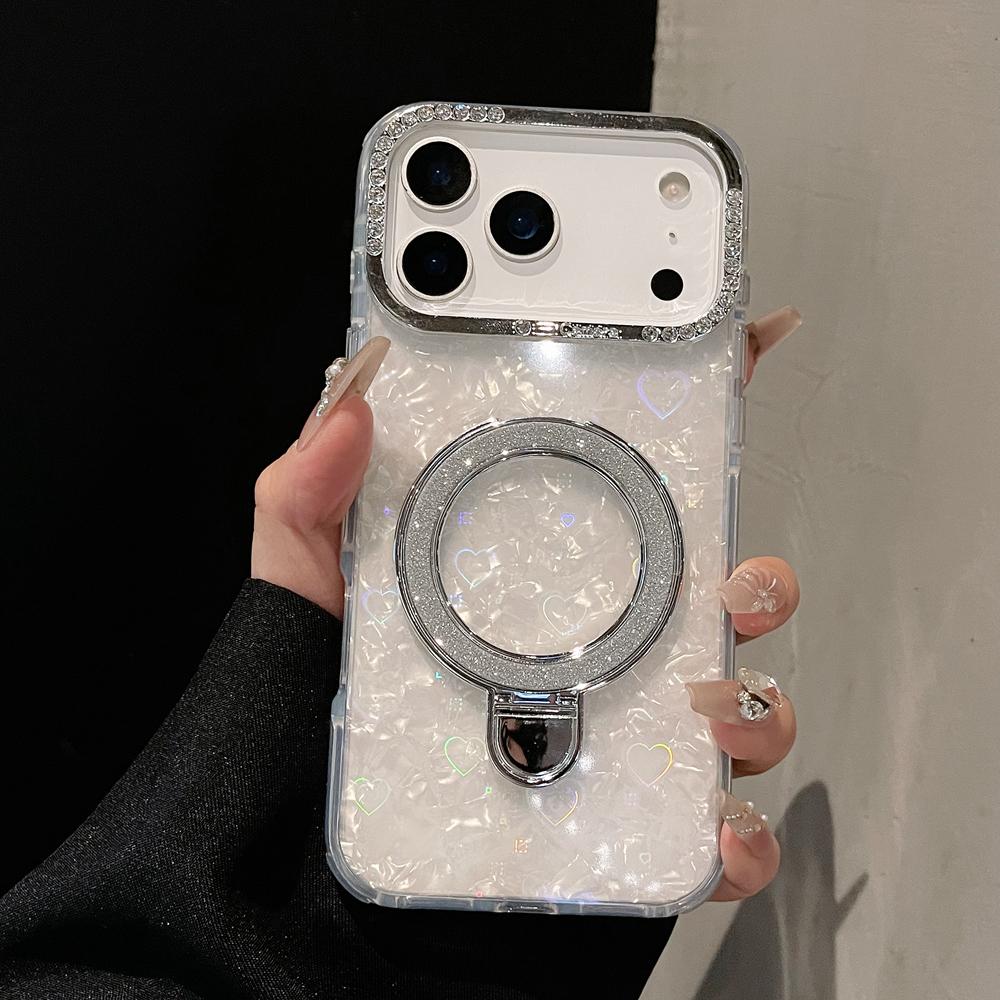 KEYSION Magnetische Muscheltextur Juwelenbesetzte Handyhülle für iPhone 14 15 17 Pro Max Air 16Plus Stoßfestes Panzer-Ringständer-Backcover