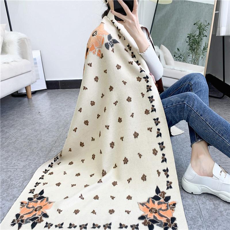 Shawl Women's Winter New Warm Imitation Cashmere Scarf Long Flower Thickened Double-sided Scarf Dual-purpose