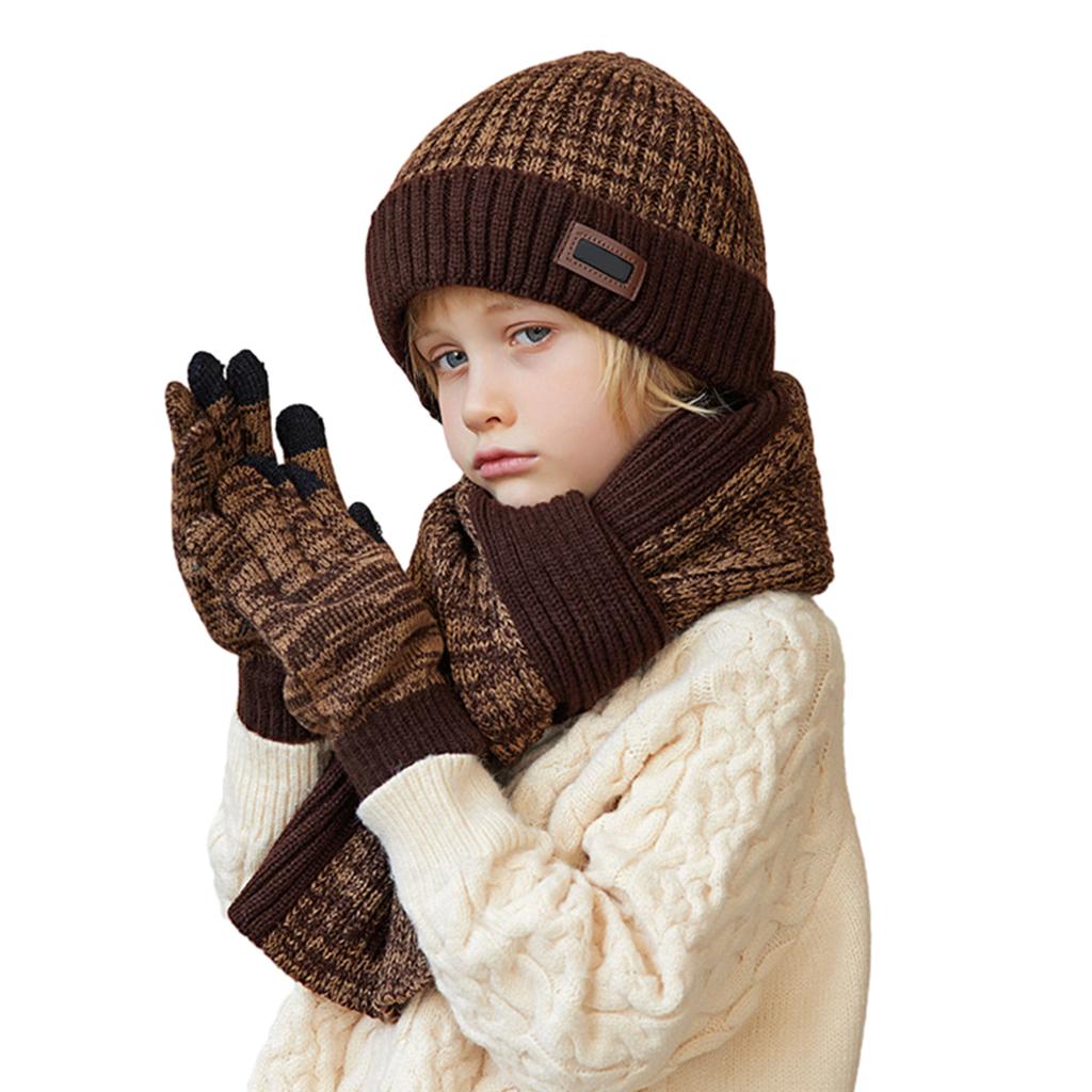 3pcs Children's Soft Knitted Hats Scarf Gloves Set Windproof Warming Kid Three Piece Set Beanie For Outdoors School Sports